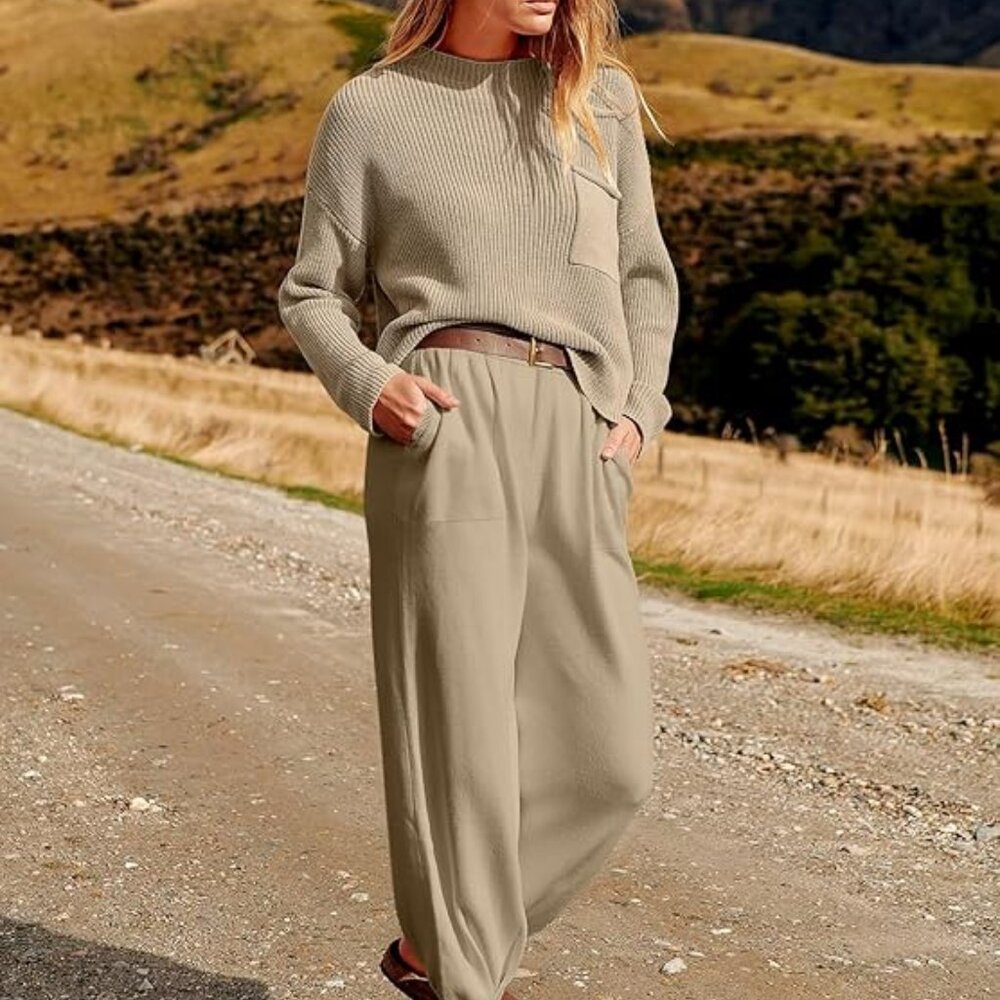 Anrabess Beige Knit Lounge Set (Sweater & Jogger Pants)